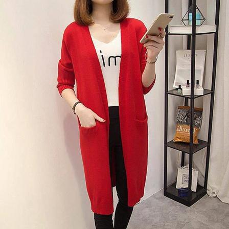 Damestrik efterår vinter sweater mellemlængde cardigan stort lomme sjal oversize løst Red 84*96*46cm