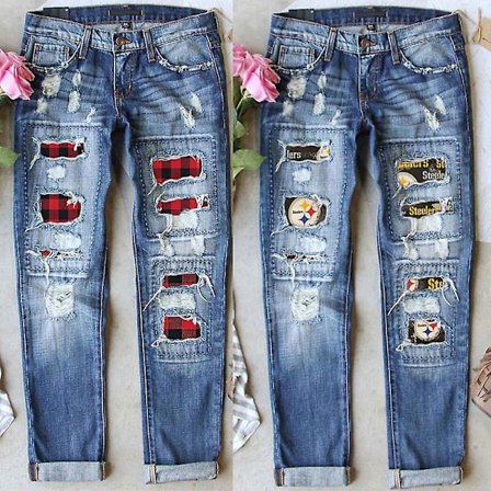 Naisten Buffalo-ruutukuvioiset revityt farkut, paikkakuviointi, normaali istuvuus, pitkät rennot denim-farkut rei'illä