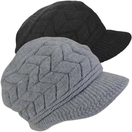 Varm ribstrikket vinterhue til damer med skygge, skihatte i uld med plysforing til koldt vejr, tyk beanie sort/grå M