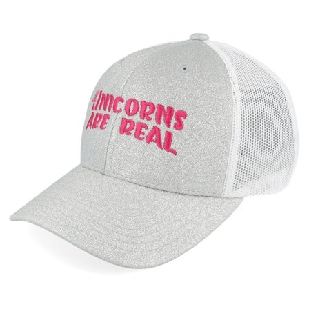 Unicorns - Grå trucker Keps - Kids Unicorns Are Real Silver Glitter/White Trucker @ Hatstore
