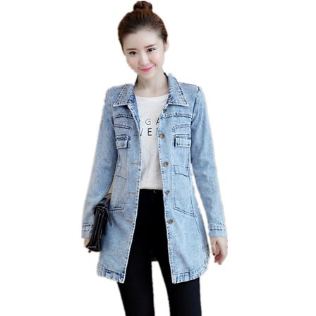 Dame Casual Distressed Denim Jakke Lang Ermet Ripped Jean Jakke Frakk,