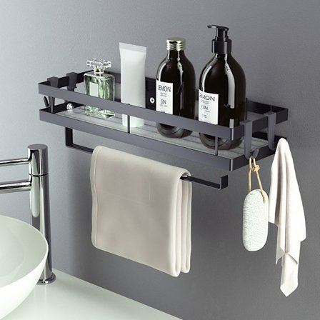 Veggmontert krydderhylle uten boring, hengende krydderhylle med kjøkkenrullholder og 4 avtakbare kroker, 35 cm svart