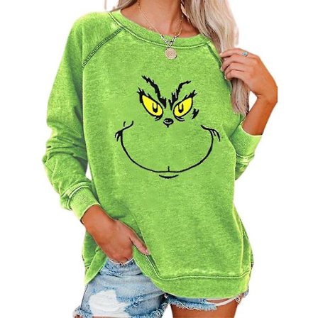 Kvinnor Christmas The Grinch Print T-shirt Casual Loose Sweatshirt Xmas Crew Neck Pullover Tops