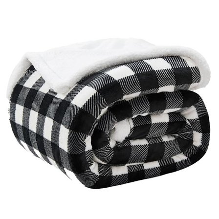 Buffalo Plaid Sherpa Filt, Svart Vit Rutig | Luddig Rutig Flanell Fleece Filt för Soffa Säng | Plysch Varm Stuga Pläd Plysch