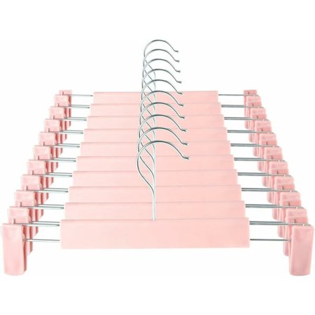 Pladsbesparende nederdelsbøjler med 360° drejelige kroge, justerbare klemmer, bøjler til bukser, tøj, frakker og jeans (10-pak, pink)