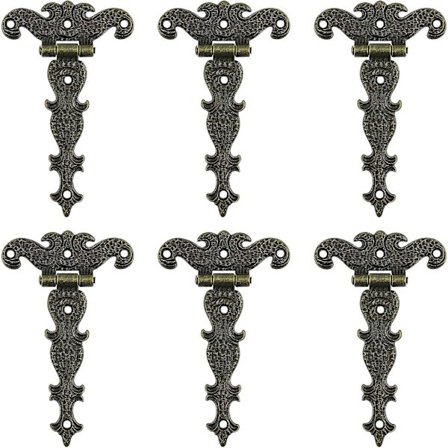 Sæt med 6 Antikke Dekorative Retro Udskårne Bronzehængsler til Skabslåger og Smykkeskrin