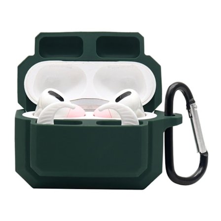 3-in-1 AirPods Pro silikonikotelo korvakärjellä + karabiini - Mustanvihreä