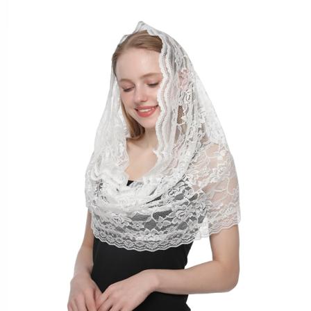 Hvit spansk sjal for kvinner Blonder katolsk slør kirke sjal hijab skjerf messesjal muslimsk dame slør DA009-02