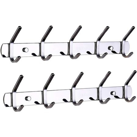 Vægmonteret knagerække, SUS 304 rustfrit stål vægmonteret knagerække, knagerække med 5 kroge (sølv, 2 stk.)