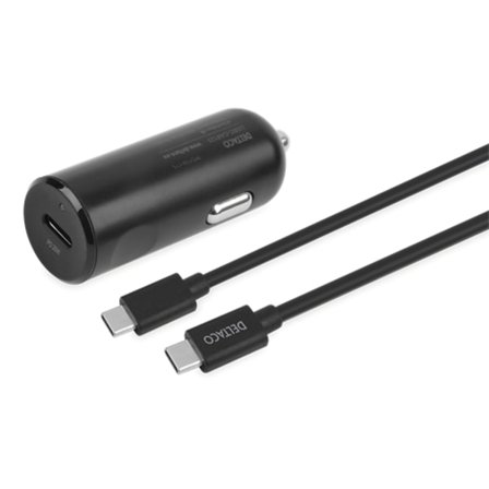 DELTACO USB-C PD billadare med avtagbar USB-C till USB-C kabel, 20 W, 1m kabel , svart