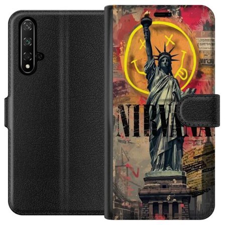 Kompatibelt Plånboksfodral till Honor Honor 20 Nirvana Frihetsgudinnan rockband grunge design med neonbakgrund