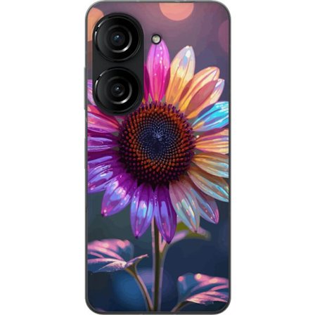 Kompatibelt Mobildeksel til Asus Zenfone 10 Irideserende blomst med glitrende kronblad i rosa lilla og gull mot myk bokeh bakgrunn