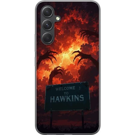 Kompatibelt Mobildeksel til Samsung Galaxy A55 Mørk apokalyptisk fantasi-scene med brennende himmel og Hawkins-skilt i Stranger Things-stil