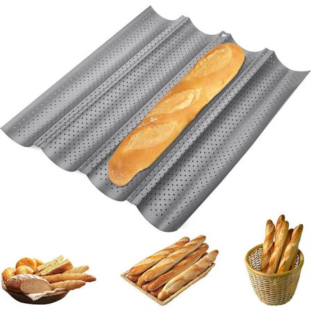 Baguette Bageplade - Fire-Slots Rustfrit Stål Baguetteform - Køkkenbageværktøj - 38x33x2,4 cm - Sølv