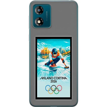 Kompatibel Mobilcover til Motorola Moto E13 Ishockeyillustration med spillere i bevægelse på isen, Milano Cortina 2026, Milano-landemærker og olympisk