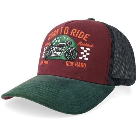Born To Ride - Röd trucker Keps - Live Free Ride Hard Biker Burgundy Canvas/Forest A-Frame Trucker @ Hatstore