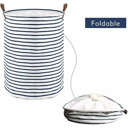 18" Fristående tvättkorg med lock, stor hopfällbar dragsko, läderhandtag (blå rand, M)