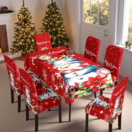 5-delt juleprint spisebordsstolbetræk & vandtæt dugsæt Jule stolbetræk & dugsæt (4 stolbetræk + 1 dug)