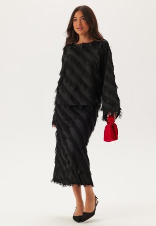 Bubbleroom Occasion - Fringe Midi Skirt - Black - Kläder