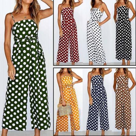 Kvinnors Strappy Holiday Playsuit Dam Jumpsuit Beach Dot Printed Bred Ben För Sommar Nytt Wine Red XL