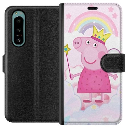 Yhteensopiva Lompakkokotelo Sony Xperia 5 IV Peppa Pig prinsessamotiivi kruunulla, siivillä ja sateenkaarella, satumainen lasten kuvitus pilvitaustal