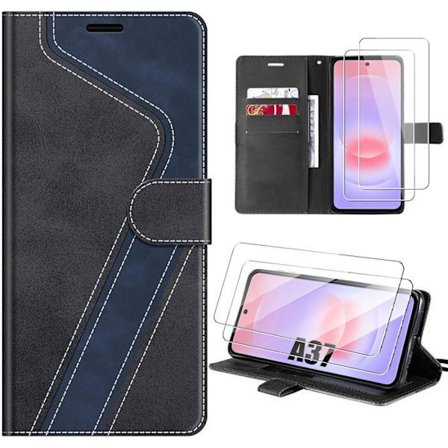 Coque Rabat - BOOLING - til Samsung Galaxy A37 5G - PU Læder Sort Mørkeblå - 2 Tempererede Glas