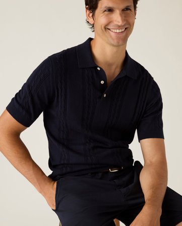 Lexington Kortærmet cable-strikket polo sweater, mørkeblå