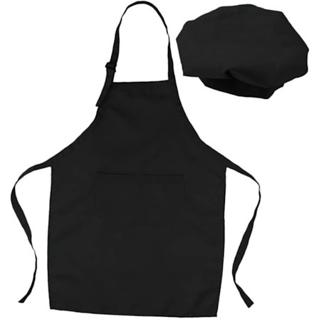 2-i-1 Kokkehatt og Forklesett for Gutter og Jenter til Matlaging, Baking, Kunstklasse, Festdrakt, Justerbar Nakke og Midje, Svart
