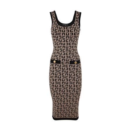 Elisabetta Franchi, Longuette Dress With Logos ALL Over Bruin, Dames, Maat:S
