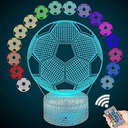 3D Fodbold Natlampe til Børn, Fodbold 3D Illusionslampe, Fodboldgaver, Fodbold Natlamper til Drengeværelse 16 Farveskift og Fjernbetjening