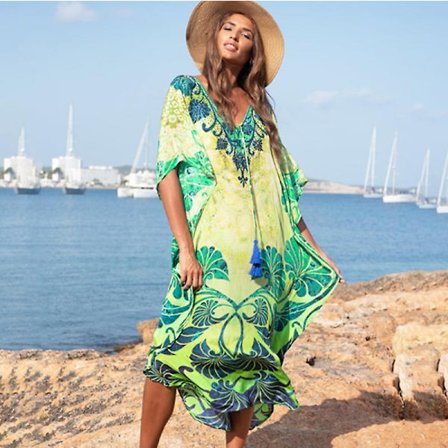 Snabbtorkande lång bikini-klänning retro sommarklänning damkläder strandkläder baddräkt