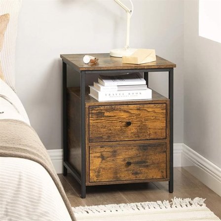 Nattduksbord med 2 lådor och öppet fack 45 x 45 x 60 cm - Rustik brun /svart