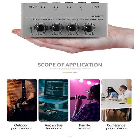 Kuulokevahvistin audiokaapelilla, HA400 4-kanavainen metallinen stereoäänivahvistin, äänimikserille PC:lle