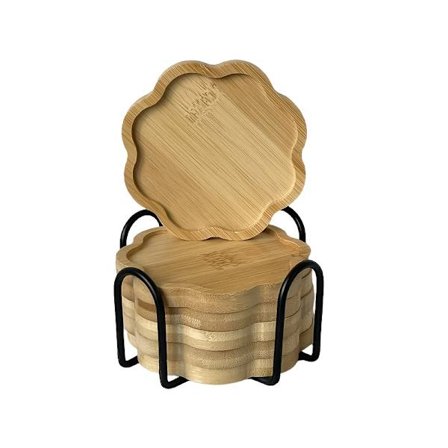 Sett med 6 minimalistiske og kreative bambus brikker med base, egnet for kaffe- og tekopper, varmebestandig opp til kokepunktet.