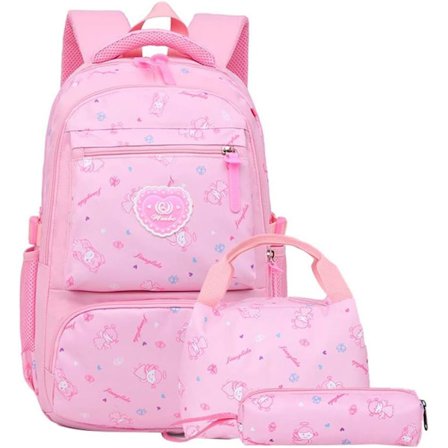 3-delad ryggsäck med hjärttryck - Primär skolväska, reseryggsäck, axelväska, pennfodral - rosa