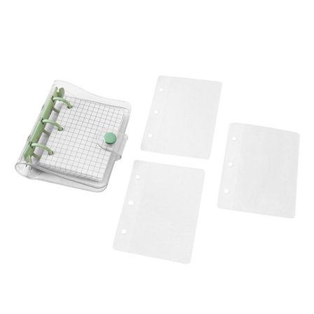 Mini Transparent 3-rings ringbind med ternede sider og lommer, klart PVC-omslag med trykknap