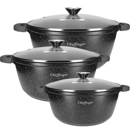Sæt af 3 Gryder med Non-Stick og Antibakteriel Belægning 24/28/32cm Cheffinger Sort