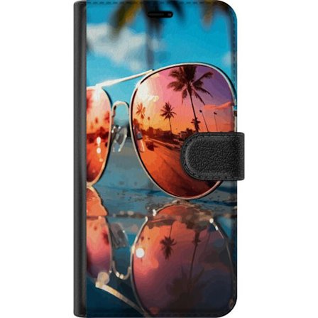 Samsung Galaxy A16 5G Lompakkokotelo Aurinkolasit rannalla – Palmupuita auringonlaskussa heijastuneena linssissä