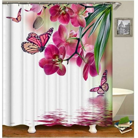 Vit duschdraperi med krok rosa blomma bambu duschdraperi, stort anti-mögel duschdraperi polyester duschdraperi 180 x 200 CM, soligt