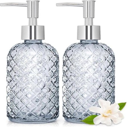 2-pak Glas Sæbedispenser, Diamantskåret Design Genopfyldelig Flydende Håndsæbe Flaske Dispenser til Badeværelse, Bordplade