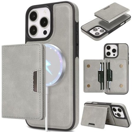 iPhone 16 Pro, Magnetisk Kortholder, Telefondeksel i Imitert Skinn, Grå