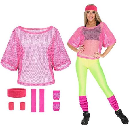 RYI 80-tals Neon Festkläder Kostymtillbehör Set, 1980-tals Retro Temafest Dekoration Outfit för Kvinnor Flickor Set - Rosarött Set - Rose Red One size