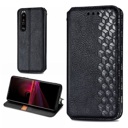 Läder Sony Xperia 1 III fodral med romb-design - Svart