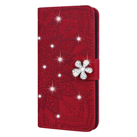 Fodral för iPhone 16 röd diamant präglad solros läder diamant palats blomma kalvmönster