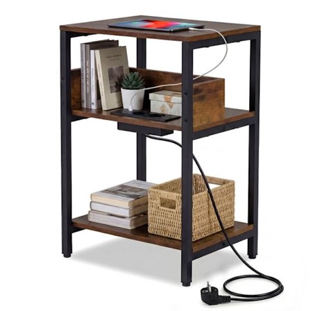 COSTWAY Sidebord 40 x 30 x 61 cm med 3-niveau Opladningsstation og Åbne Opbevaringshylder Industriel