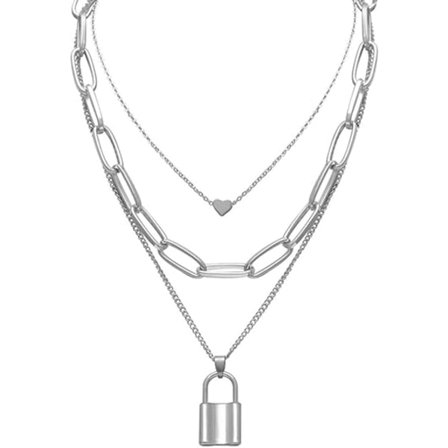 Silver Layered Necklace Aesthetic Punk Necklaces Lock and Keys Chunky Chain Necklaces for Women Men Teen Girls Edgy Jewelry