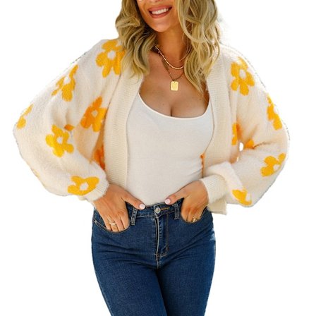 Dame Langærmet Blomsterprint Knapliste V-Hals Strikket Trøje Cardigan