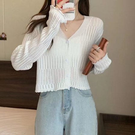 V-hals Strikket Cardigan Tynn Cardigan Coat HVIT