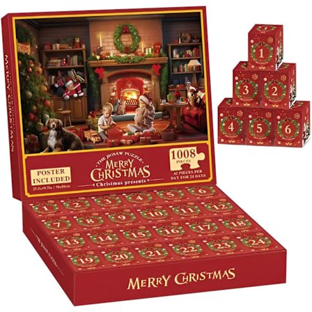 Julekalender 2024 Puslespil, Puslespil Julekalender 2024 med 24 Æsker 1008 Brikker, 24 Dages Adventsnedtælling for Voksne og Børn