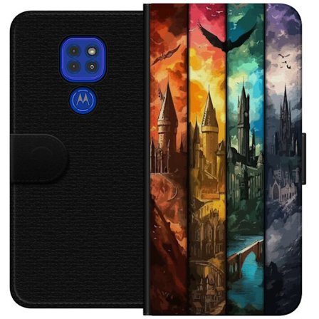 Kompatibel Tegnebogsetui til Motorola Motorola Moto G9 Play Fire magiske slotte i forskellige elementfarver, episk fantasykunst med ild vand luft og m